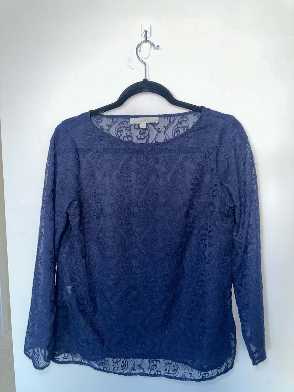 LOFT Ann Taylor Navy Blue Sheer Long Sleeve Embroidered Lace Blouse Petite Mediu